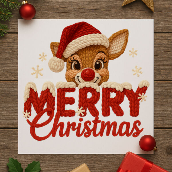 Merry Christmas Reindeer Latch Hook Yarn Look DTF Thumbnail
